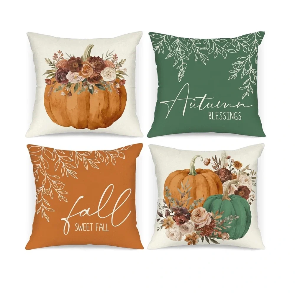 Set of 4 Fall Pumpkin Floral Pillow Covers 16x16 Thanksgiving NWOT